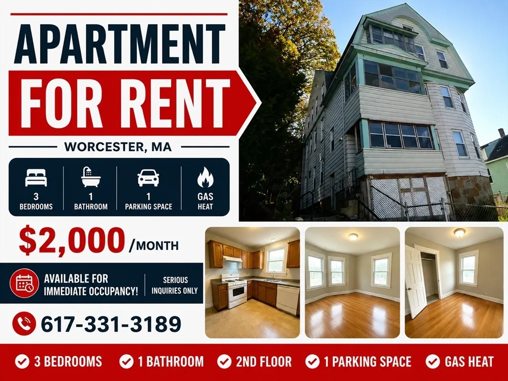 3 bed, 1 bath apartment for rent at 16 Everard St Unit 2, Worcester