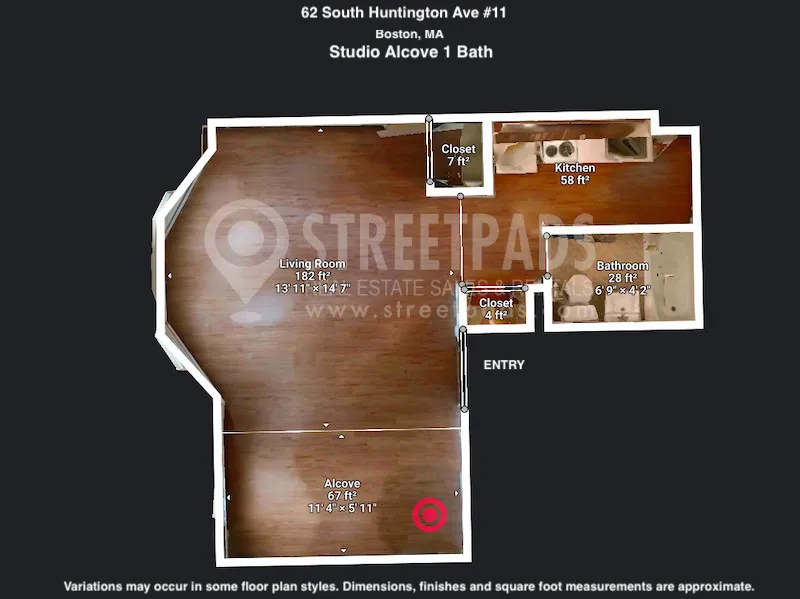 Studio bed, 1 bath apartment for rent at 62 South Huntington Ave Unit 11, Mission Hill